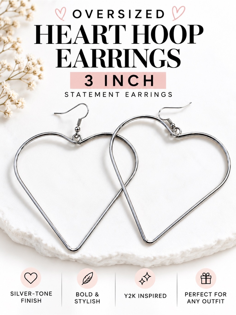 Oversized Heart Hoop Earrings Silver Tone 3” Y2K Statement Jewelry